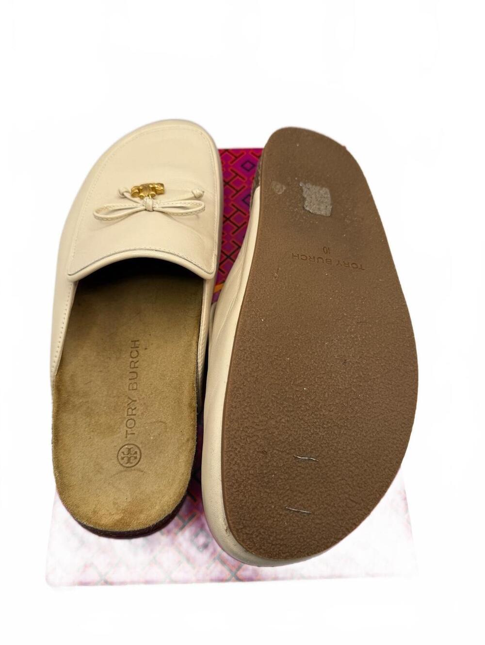 Tory Burch Ivory Leather Slip-On Mules with Gold Bow Accent - Picture 5 of 8